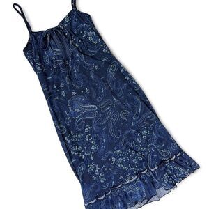 Navy Blue Paisley Print Tie-Front 2000s Midi Dress Size S/M Boho Cottagecore Y2K